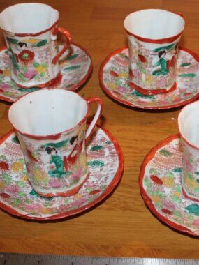 Vintage Japanese Geisha Girl Eggshell Porcelain Tea Set 6 Cups 5 Saucers Scallop
